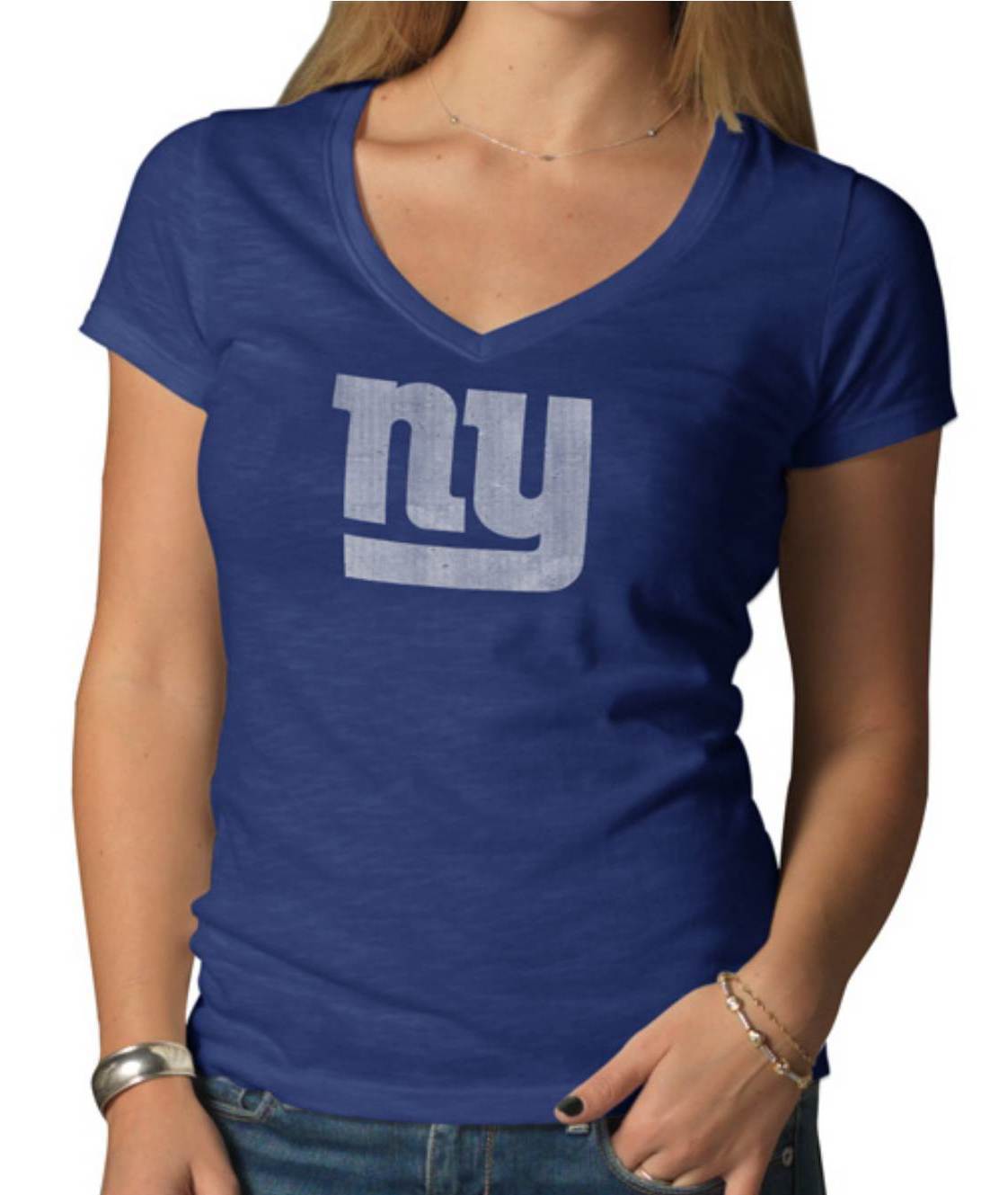 New York Giants 47 Brand Women Blue V-Neck Short Sleeve Scrum T-Shirt