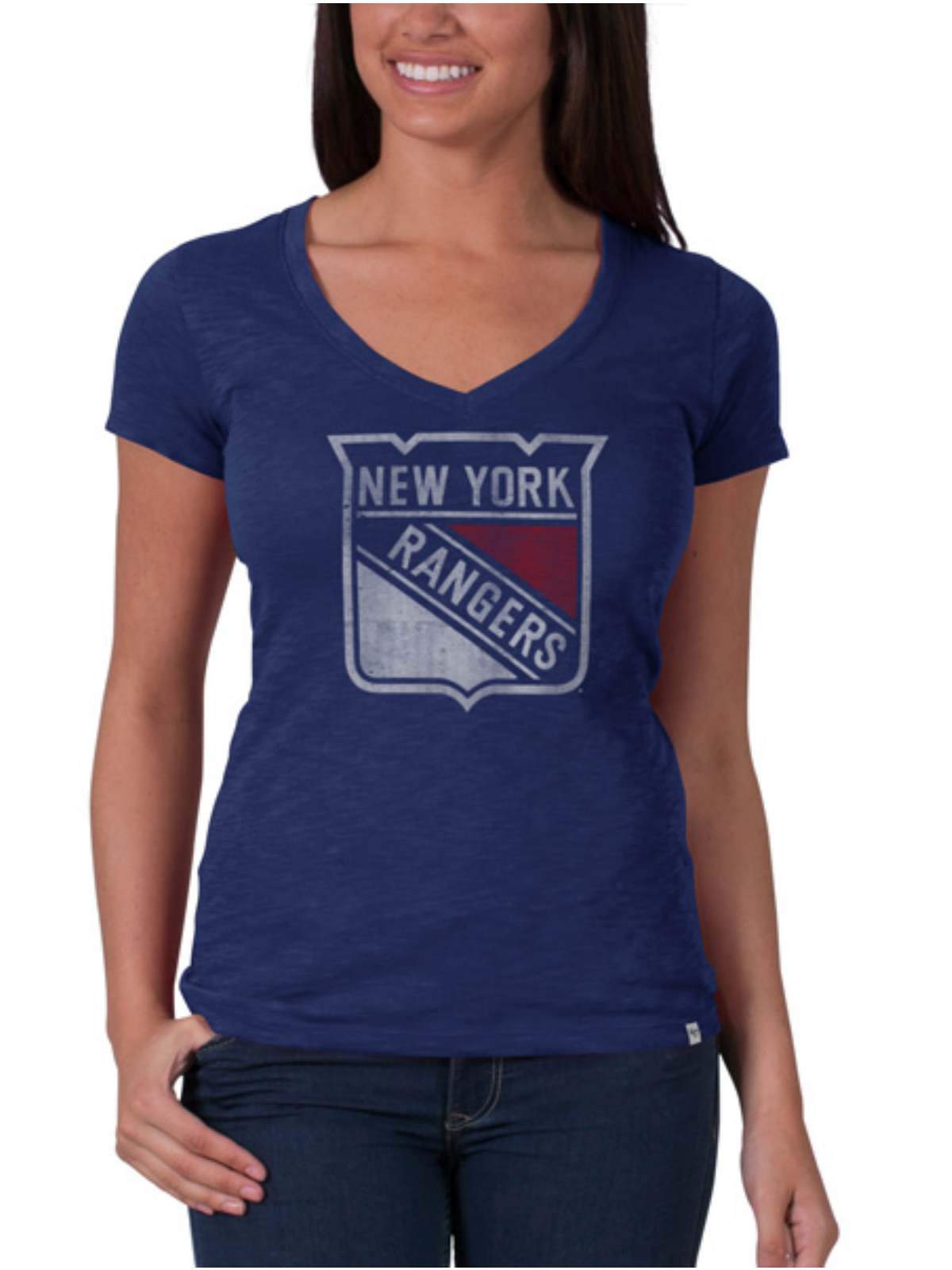 47 Brand New York Rangers Womens Blue Scrum V-Neck Cotton T-Shirt