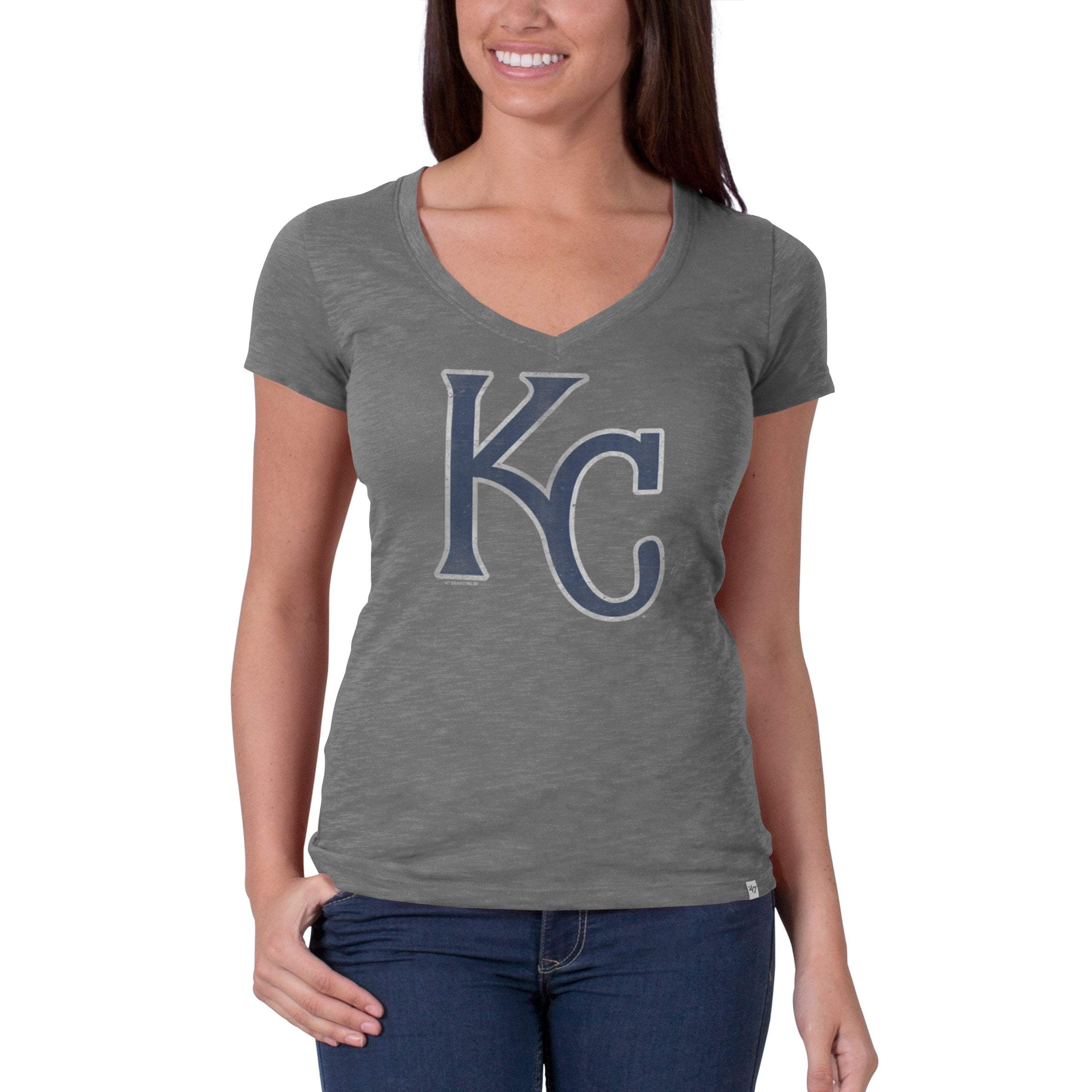 Kansas City Royals 47 Brand Womens V-Neck Scrum Gray Navy KC T-Shirt