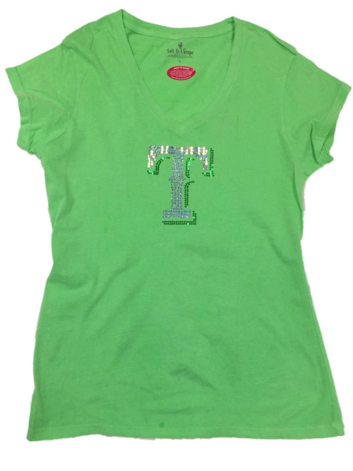 Texas Rangers SAAG Women Neon Green Sequin T Soft Cotton V-Neck T-Shirt