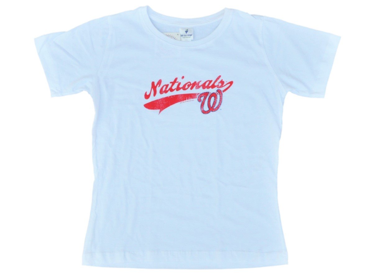 Washington Nationals SAAG Women White Distressed Logo Soft Cotton T-Shirt