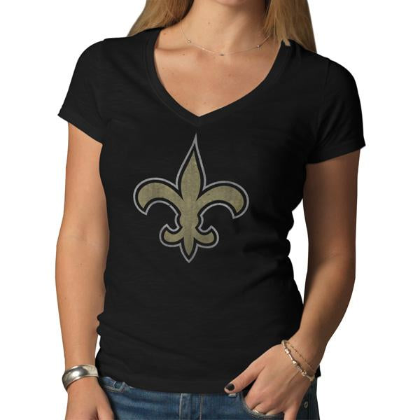 New Orleans Saints 47 Brand Women Black Soft Cotton V-Neck Scrum T-Shirt