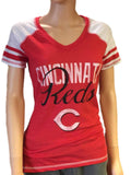 Cincinnati Reds SAAG Women Red Light Baseball Tri-Blend V-Neck T-Shirt - Sporting Up