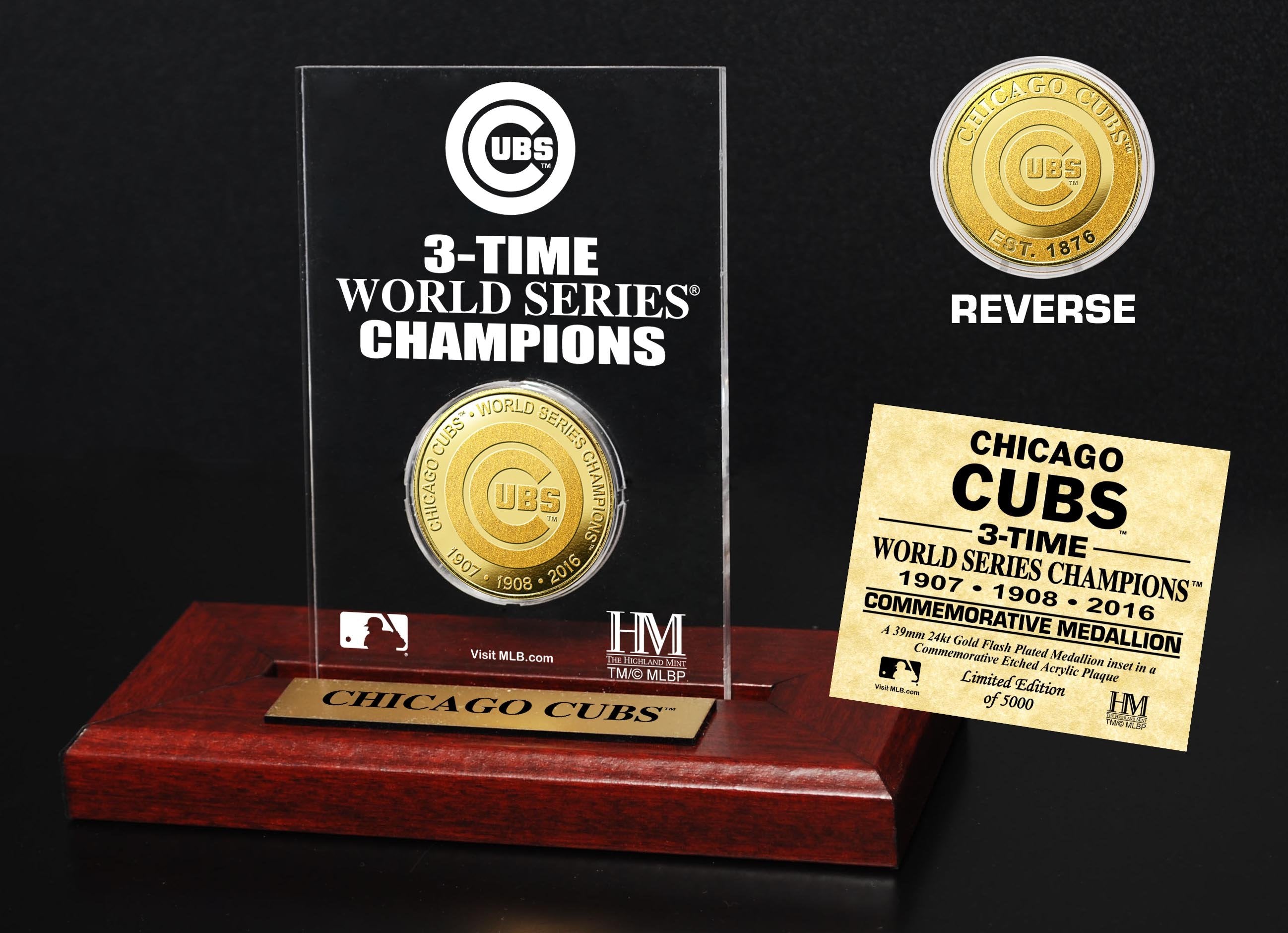 Chicago Cubs 3-Time World Series Champions 24K Gold Coin Etched Acrylic  Plaque